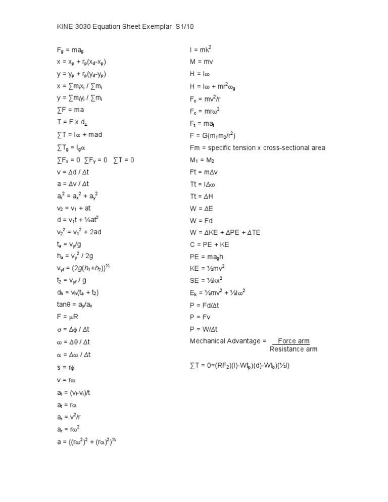 Kine 3030 Equation Sheet