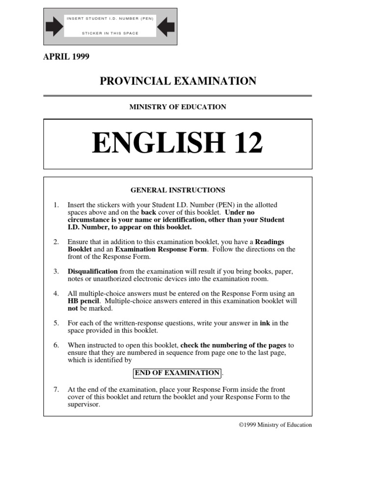 English 12 provincial exam answer key image
