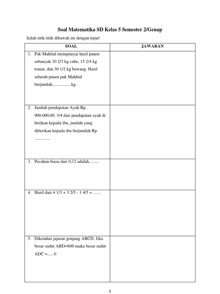 Soal Uts Matematika Sd Kelas 5 Semester 2