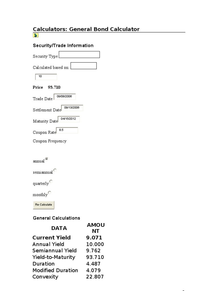 Calculators: General Bond Calculator: Security/Trade Information | PDF ...