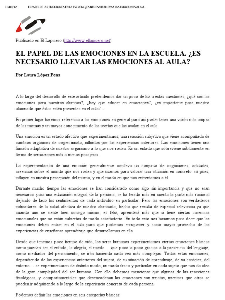 Emociones en el Aula: Su Importancia | PDF | Ira | Las emociones