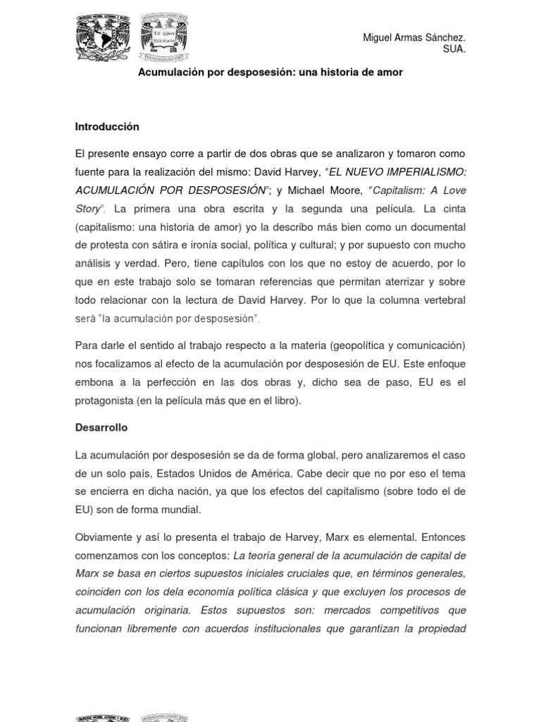 Ensayo La Por Desposesión. PDF Acumulación de capital