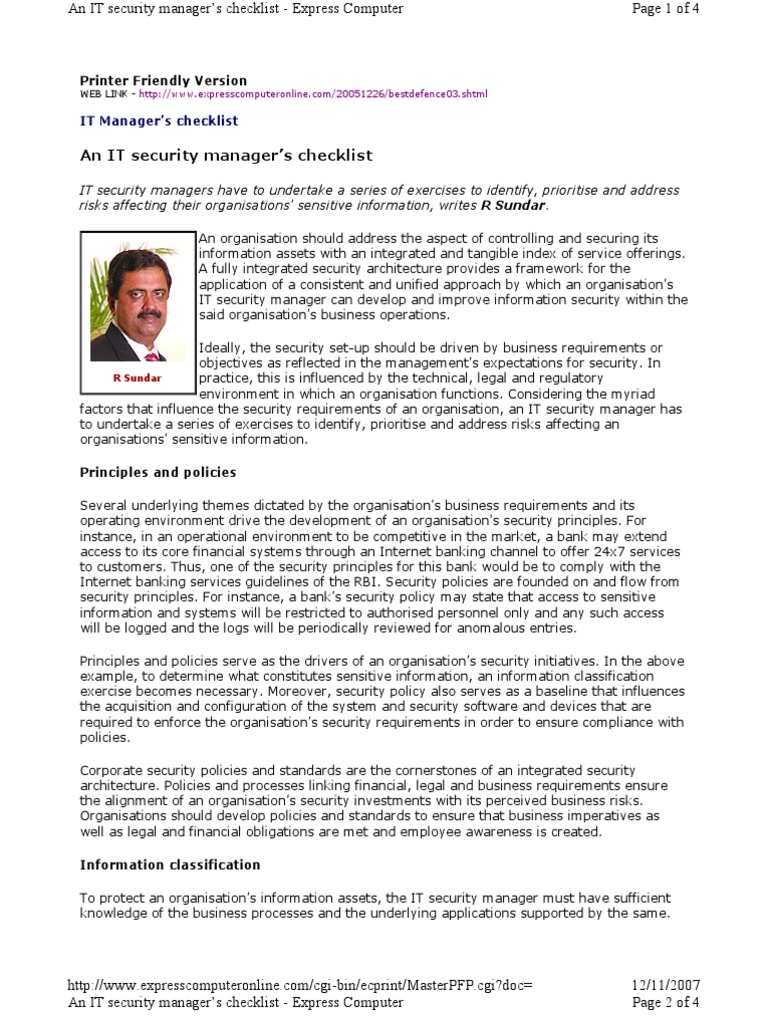 IT Manager's Security Checklist | PDF | Computer Security | Security