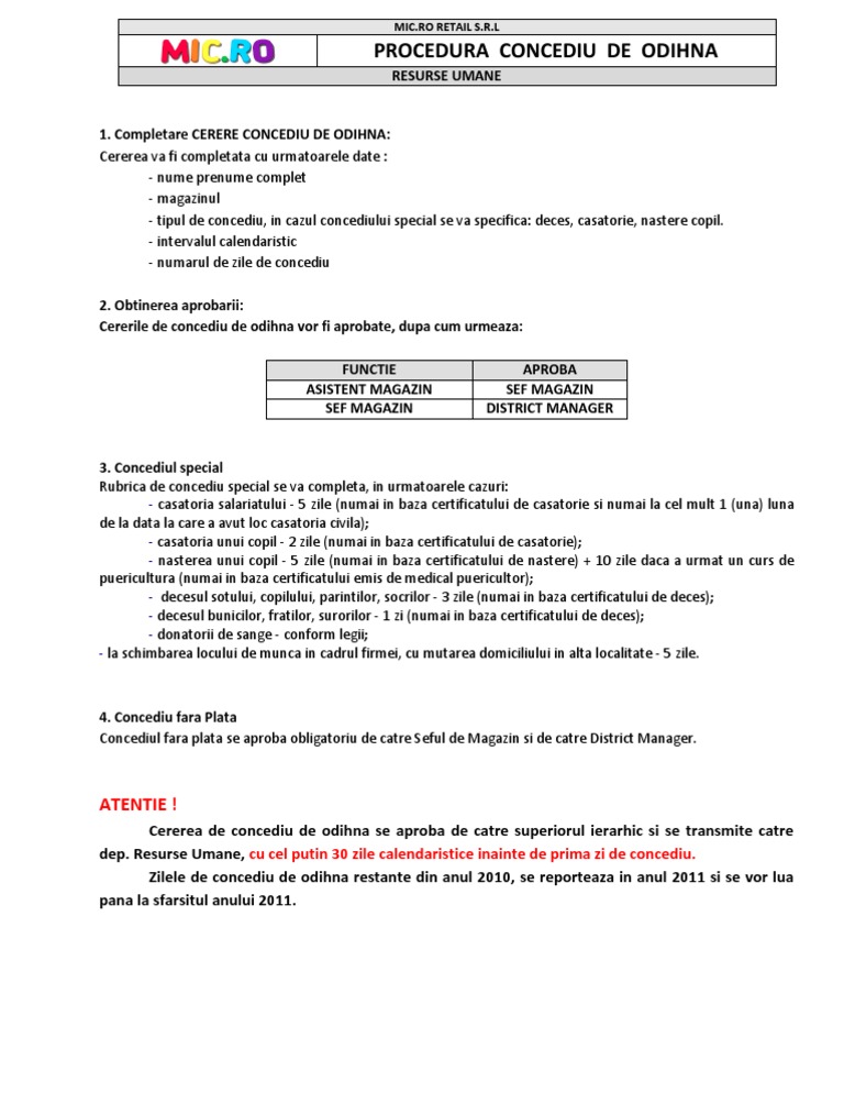 Procedura Concediu De Odihna