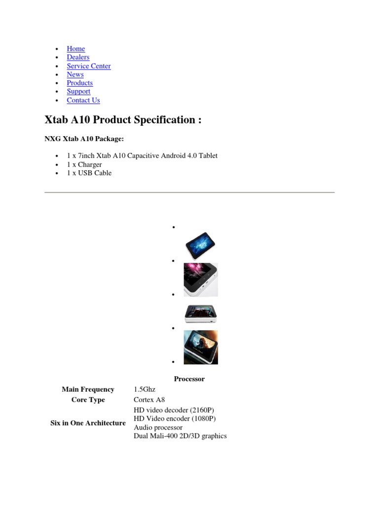 NXG Xtab A10 Tablet Specifications | PDF