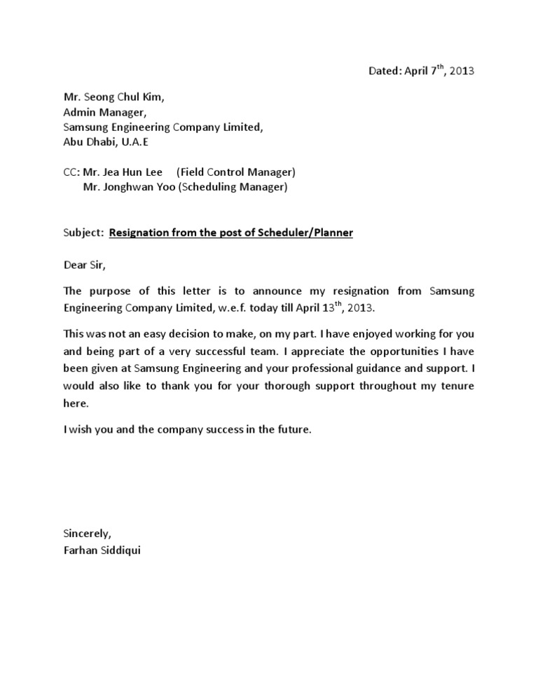 Resignation Letter Pdf