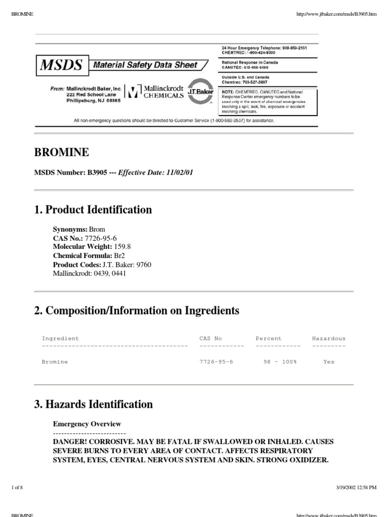Bromine MSDS PDF Respiratory System Water