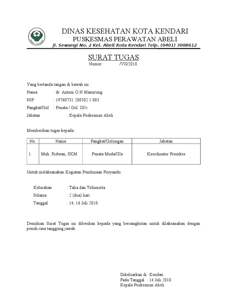 Contoh Surat Tugas Dinas Kesehatan Nusagates