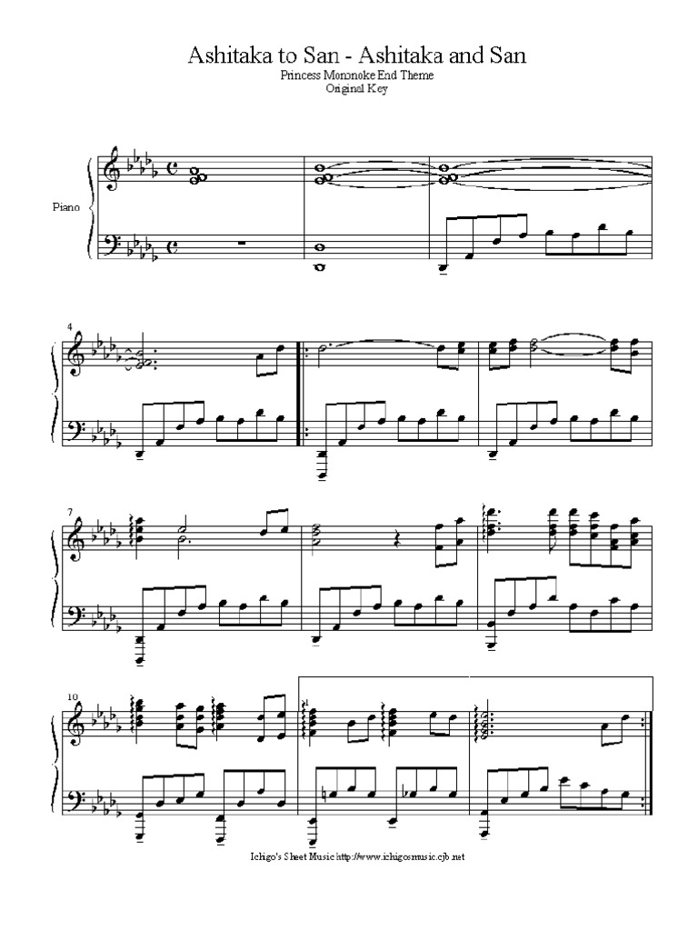 ASHITAKA AND SAN PIANO SHEET MUSIC PDF