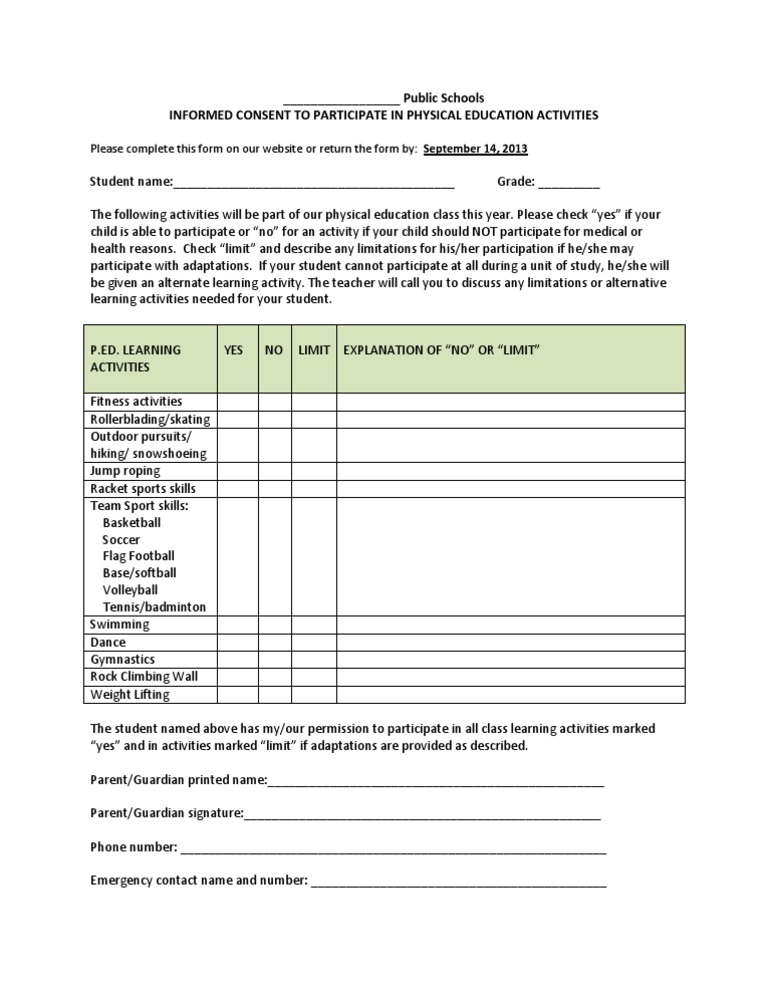 Informed Consent for PE Activities Form | PDF