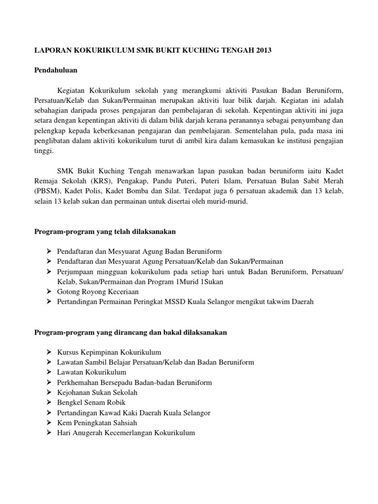 Contoh Laporan Kokurikulum