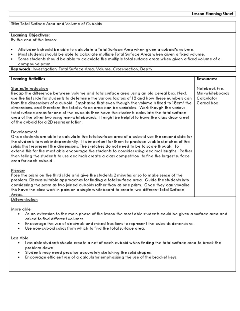 Surface Area & Volume Lesson Plan PDF Surface Area Volume