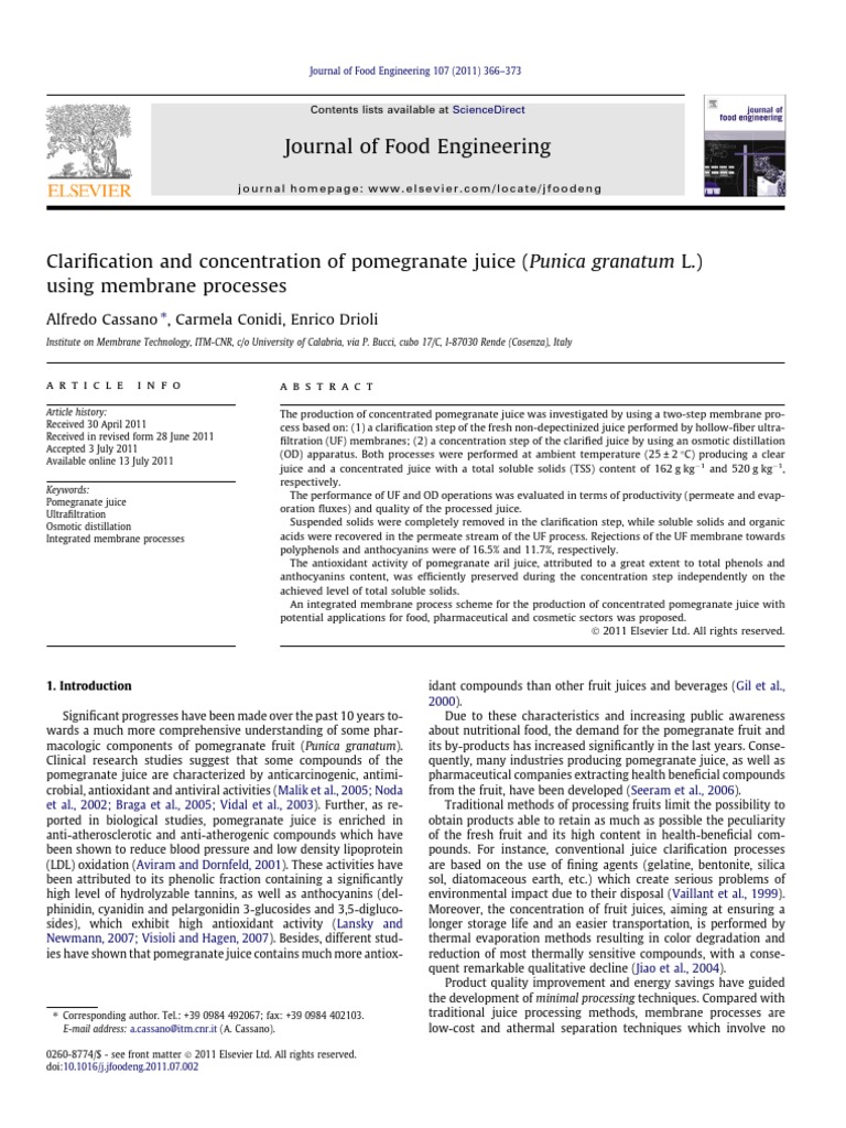 Membrane Processing of Pomegranate Juice | PDF | Membrane | Juice