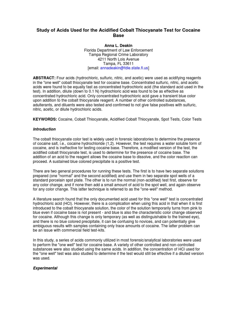 Study of Acids Used For The Acidified Cobalt Thiocyanate Test For
