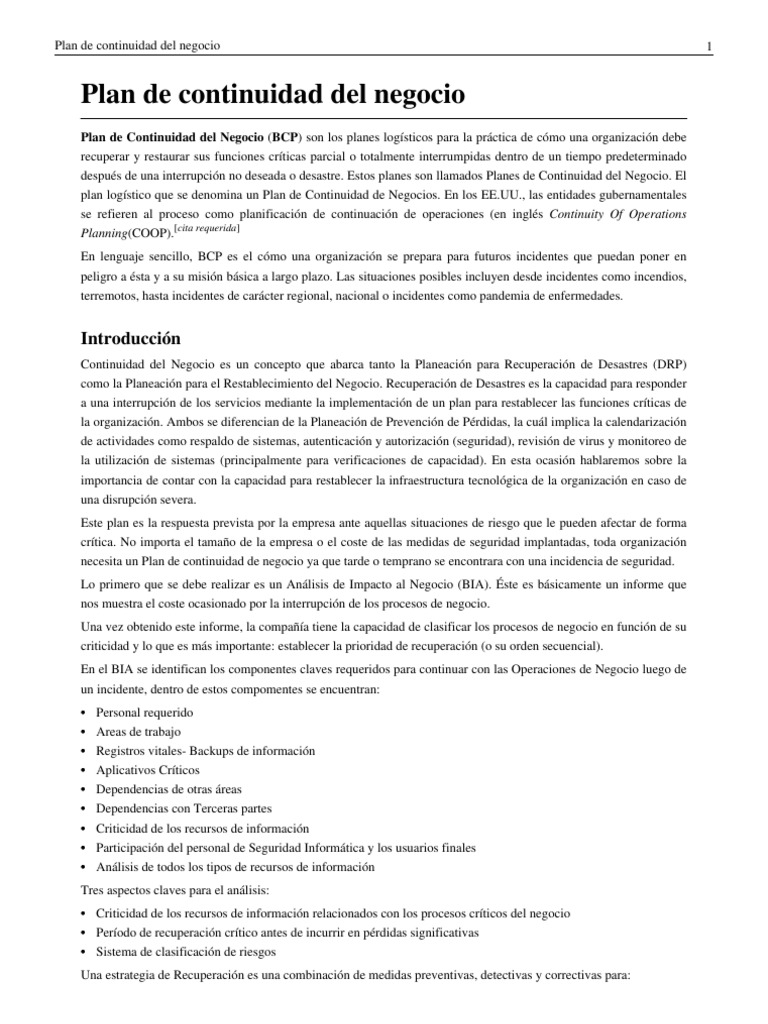 Plan de Continuidad Del Negocio | PDF | Business | Desastres y Accidentes