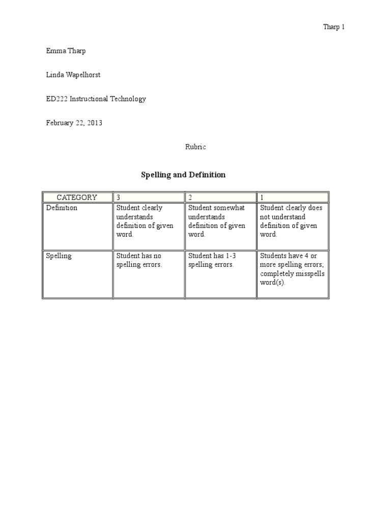Spelling and Definition Rubric | PDF | Language Arts & Discipline