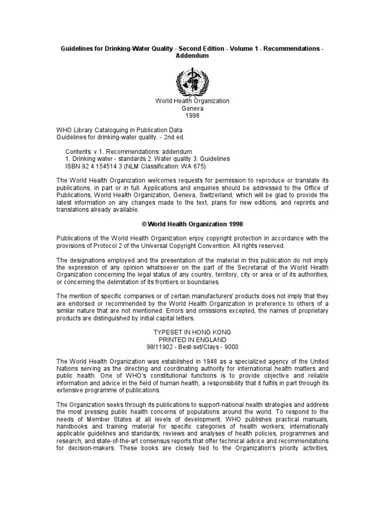 Guidelines For Drinking-Water Quality - Second Edition - Volume 1 ...