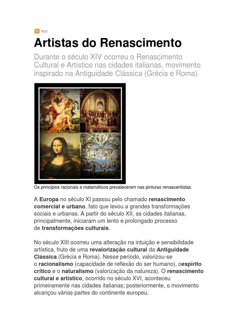 Principais Artistas do Renascimento | PDF | Renascimento | Michelangelo