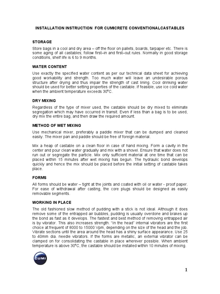 Installation Guide for Cumicrete Castables | PDF | Refractory | Water
