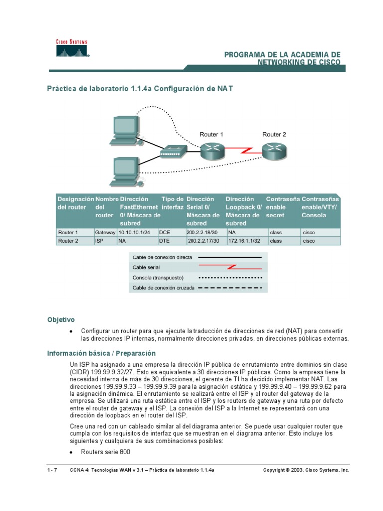 CCNA4 Lab 1 1 4a Es | PDF | Enrutador (Computación) | Dirección IP