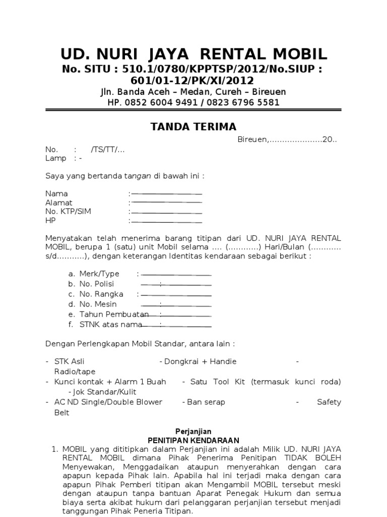 Contoh Surat Perjanjian Rental Mobil Lepas Kunci