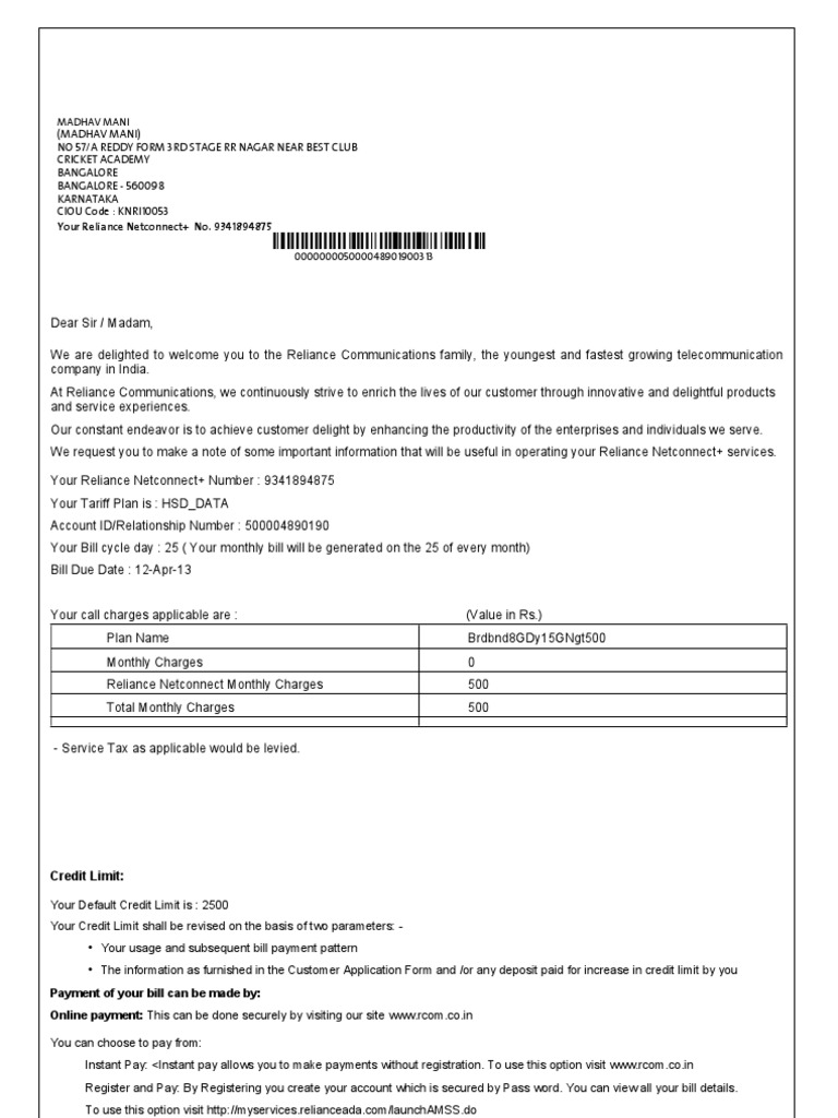 Your Reliance Netconnect+ No. 9341894875: Madhav Mani | PDF | Cheque ...