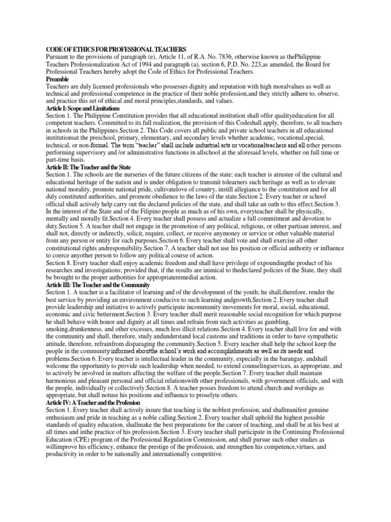 Code Of Ethics For Professional Teachers Profession Teachers