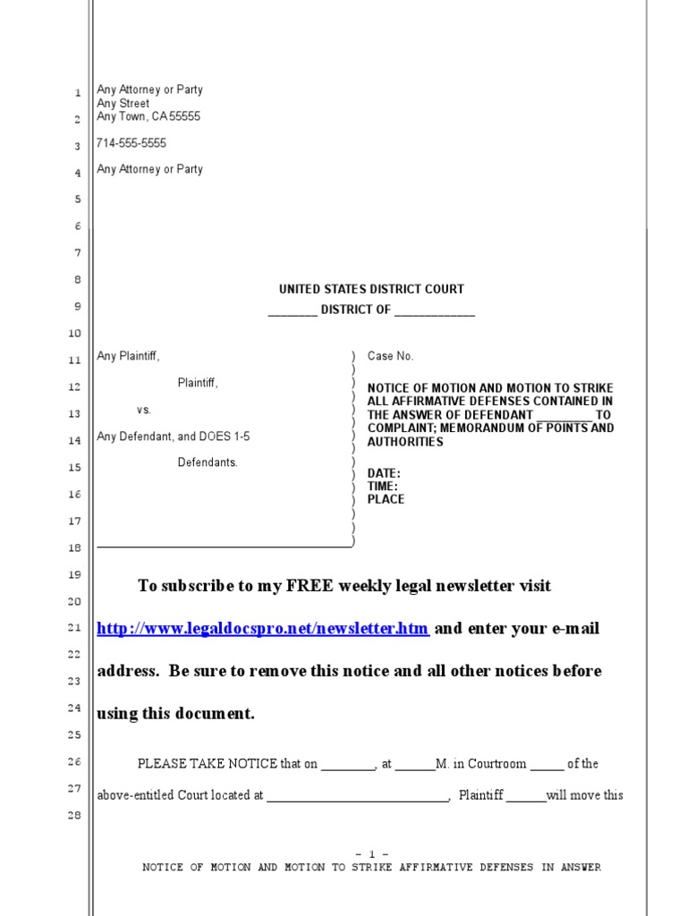 Sample Motion to Strike Affirmative Defenses in Answer for United