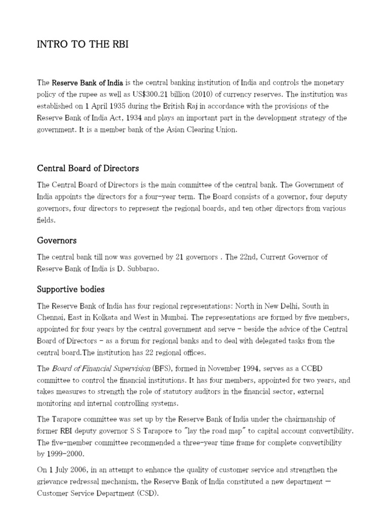 Intro To The Rbi: Central Board of Directors | PDF | Reserve Bank Of ...