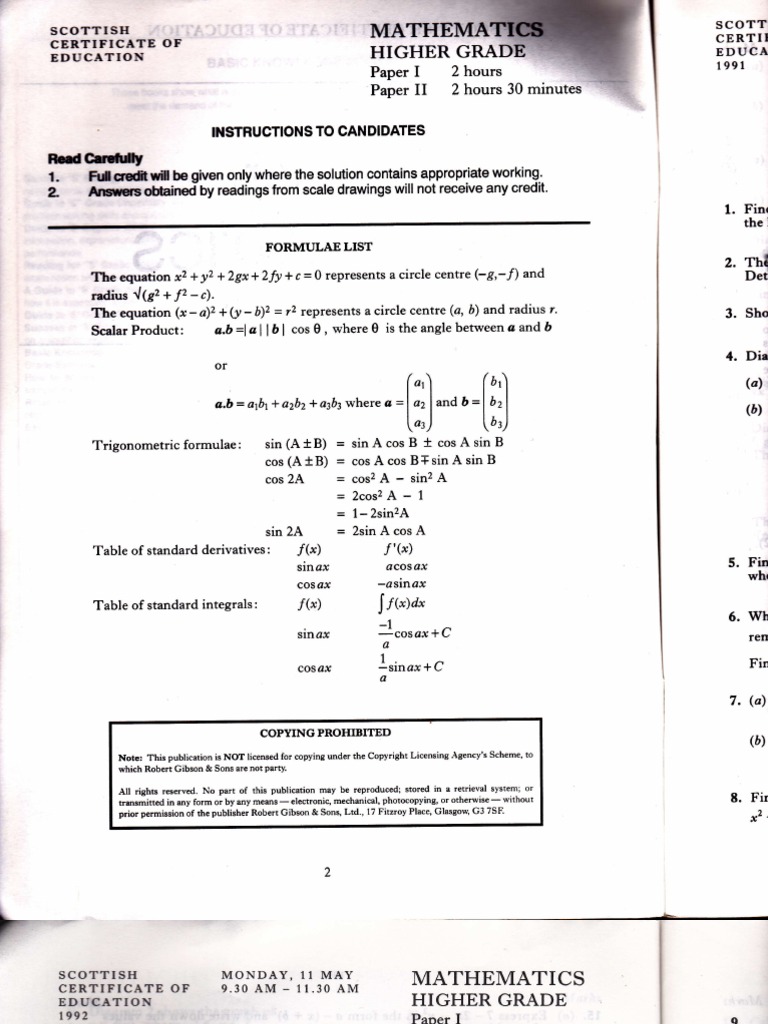 Sqa higher maths exam 1992 trigonometric functions sine