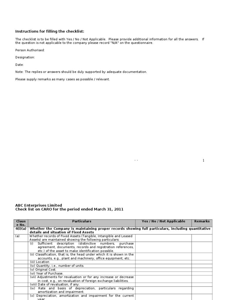 Instructions For Filling The Checklist | PDF