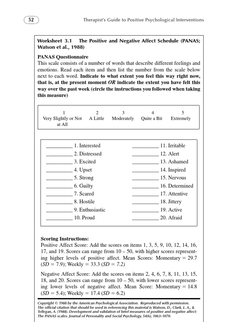 Worksheet 3.1 The Positive and Negative Affect Schedule (PANAS Watson ...