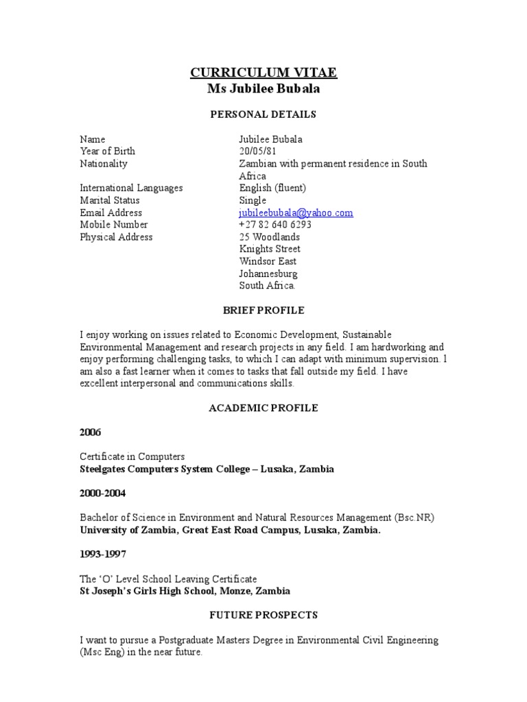 Jubilee Bubala: Environmental Consultant CV | PDF | Bachelor Of Science ...