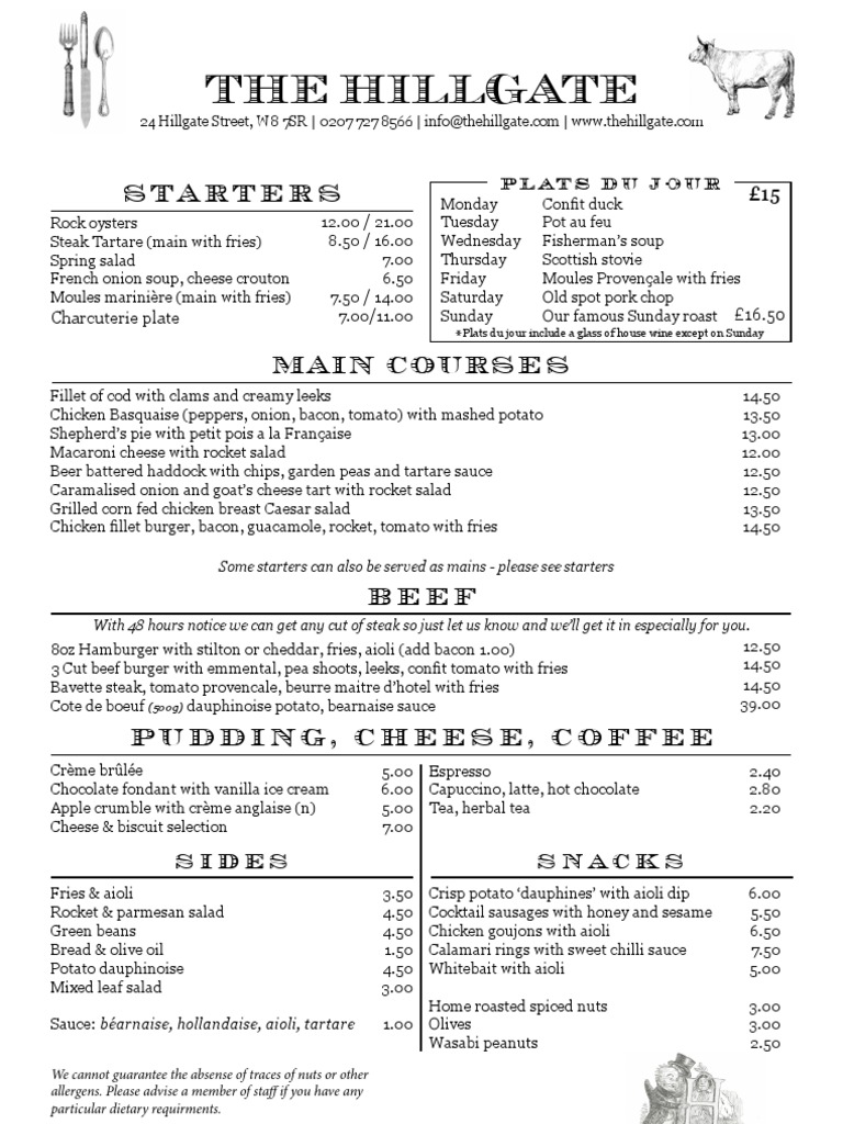 The Hillgate Pub Menu | PDF | French Fries | Salad