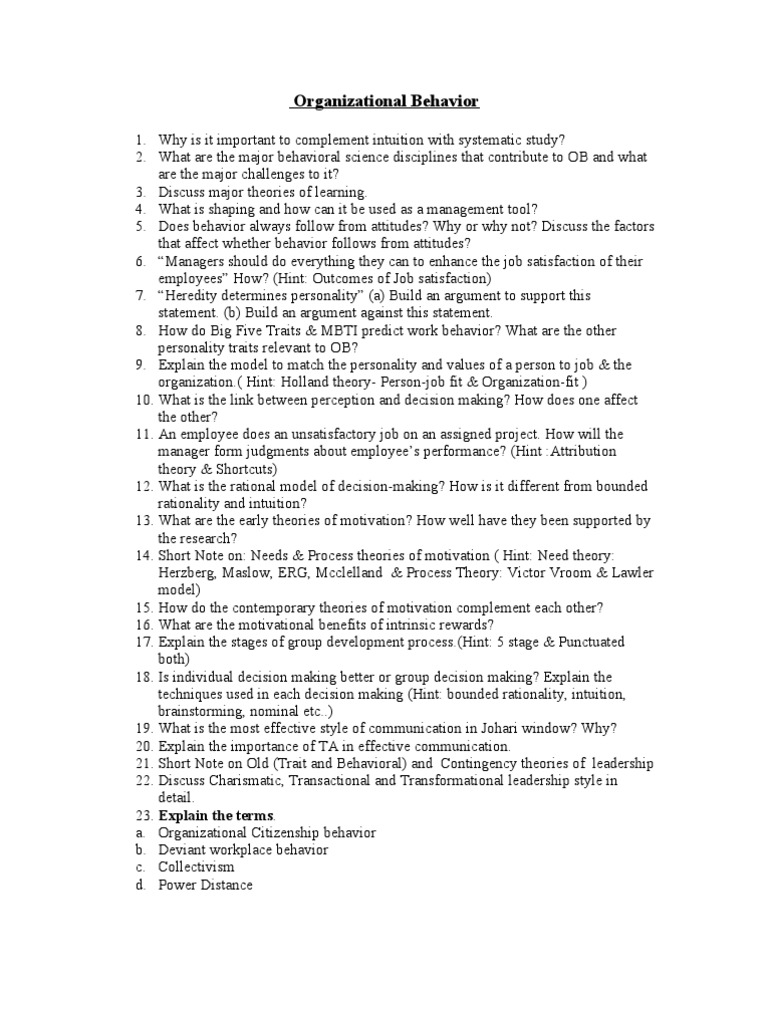 Organizational Behavior Questions | PDF | Organizational Behavior ...