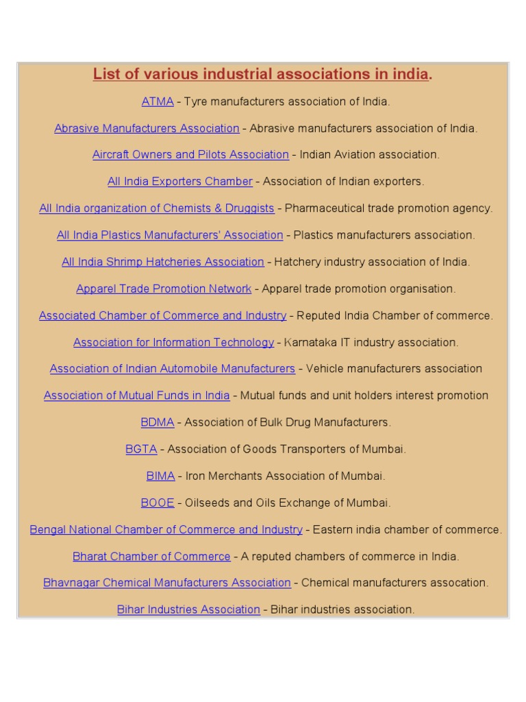 List of Various Industrial Associations in India PDF Tamil Nadu