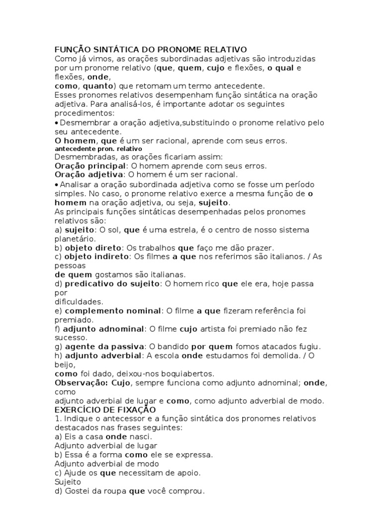 Função Sintática Do Pronome Relativo | PDF