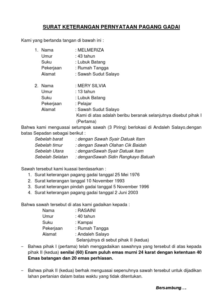 Surat Keterangan Pernyataan Pagang Gadai