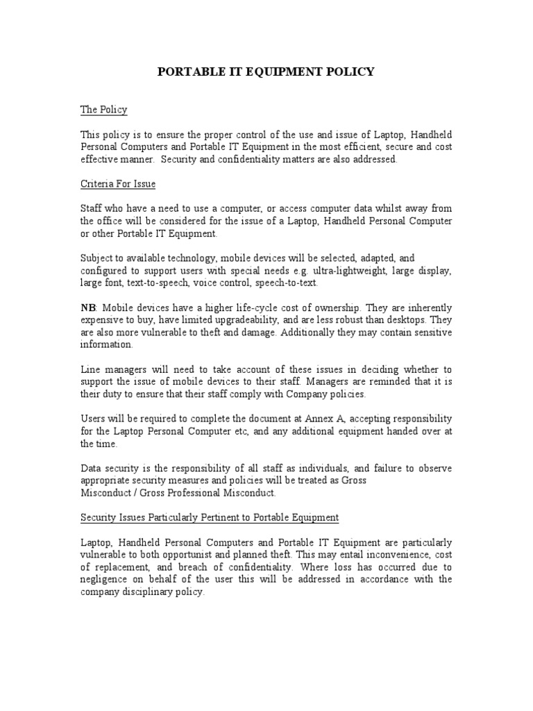 Portable IT Equipment Policy PDF Laptop Mobile Device