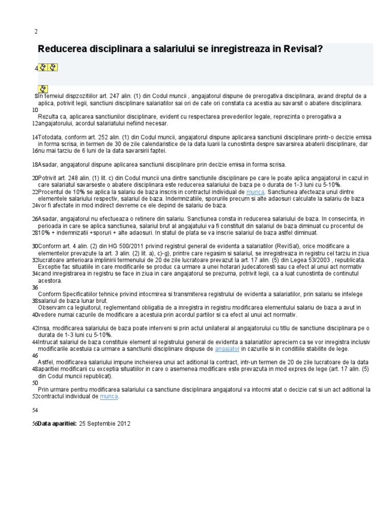 Reducerea Disciplinara A Salariului Se Inregistreaza In Revisal