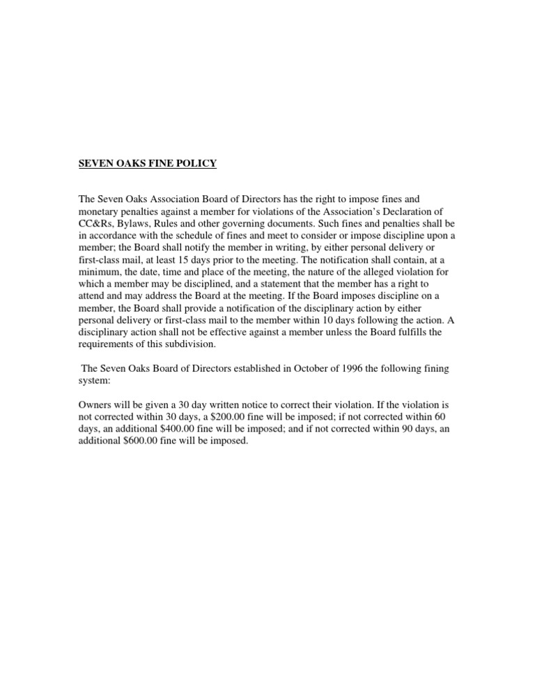 Seven Oaks Association Fine Policy | PDF
