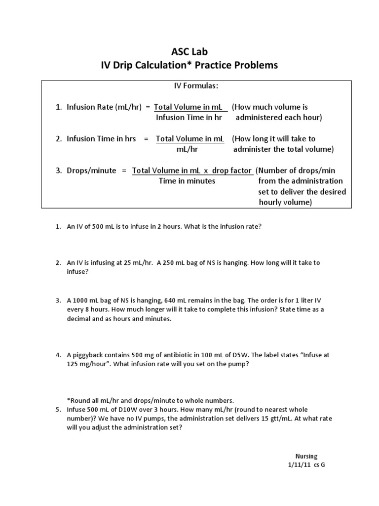 Iv Drip Calculation Practice Problems Intravenous Therapy - 