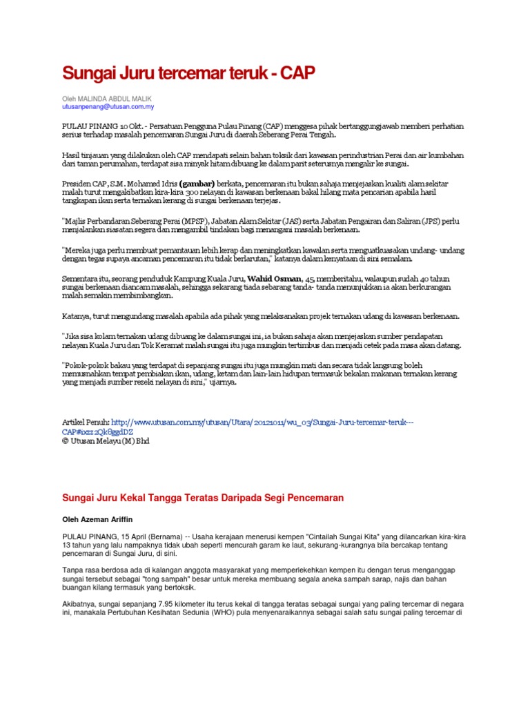 Sungai Juru Tercemar Teruk Pdf