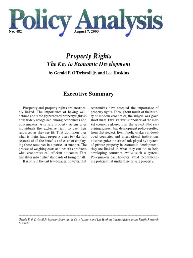 Property Rights The Key To Economic Development, Cato Policy Analysis