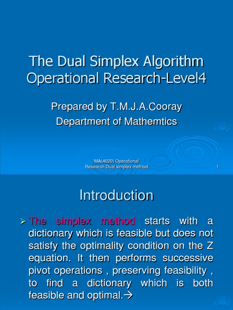 Dual simplex method mathematical optimization operations research