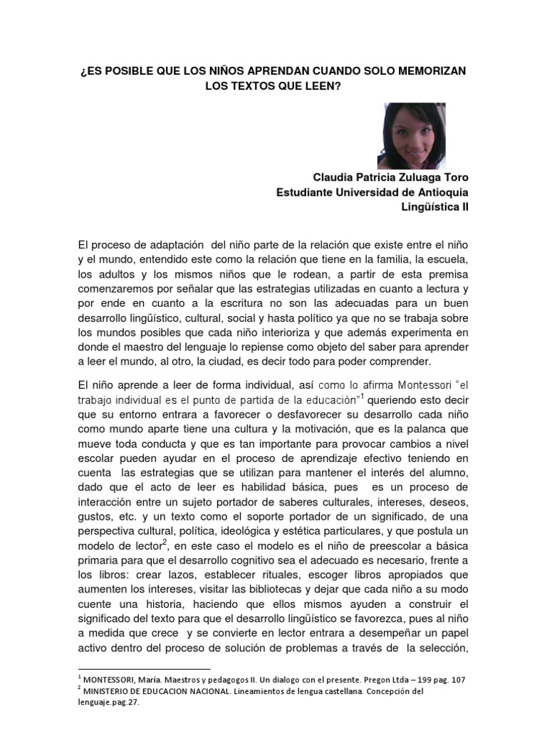 ARTICULO DE OPINION SOBRE EL APRENDIZAJE DE LA LECTURA Y LA ESCRITURA EN LOS NIÑOS Lectura