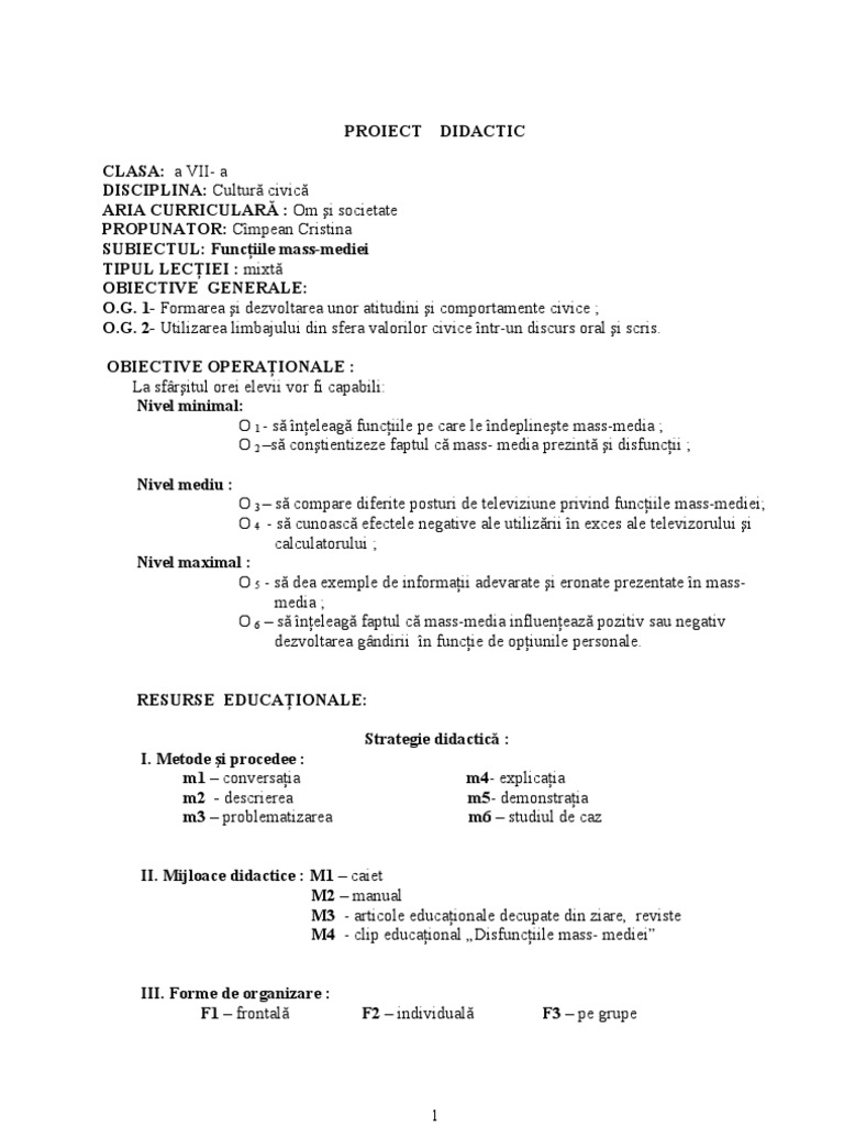 Proiect Didactic Functii Mass Media