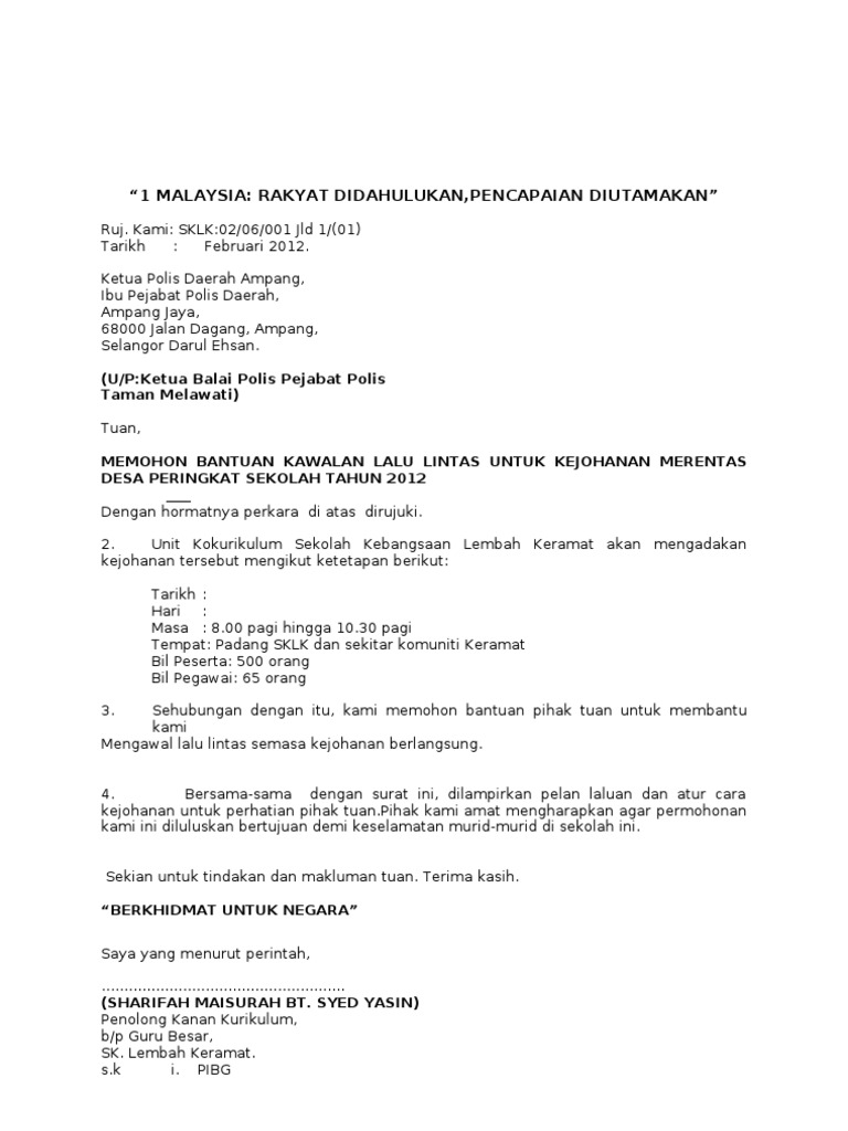 Contoh Surat Rasmi Makluman Lawatan Untuk Balai Polis