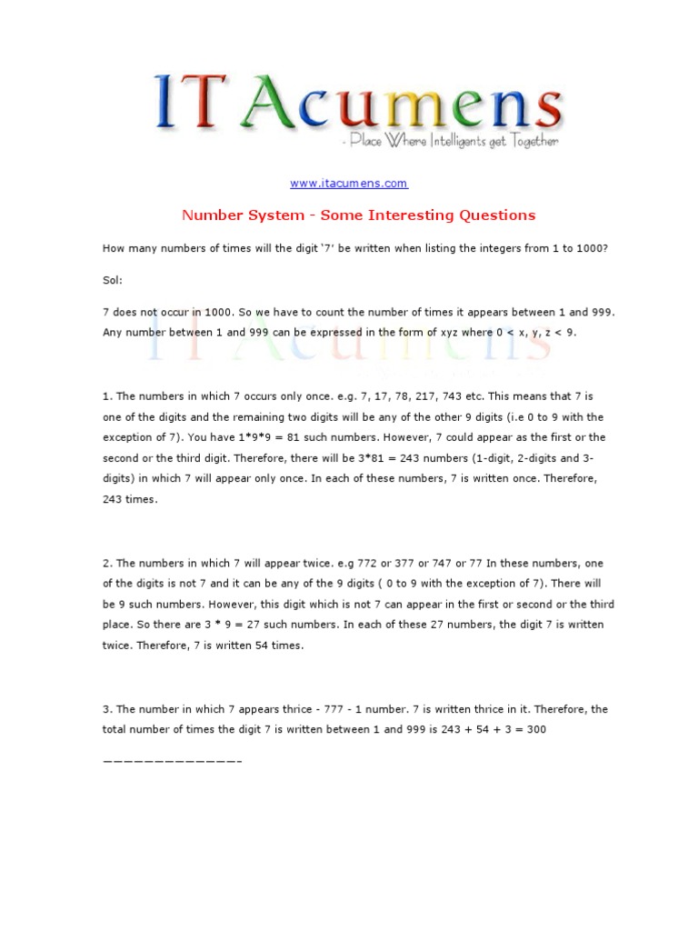 Number System - Some Interesting Questions | PDF | Mathematical ...