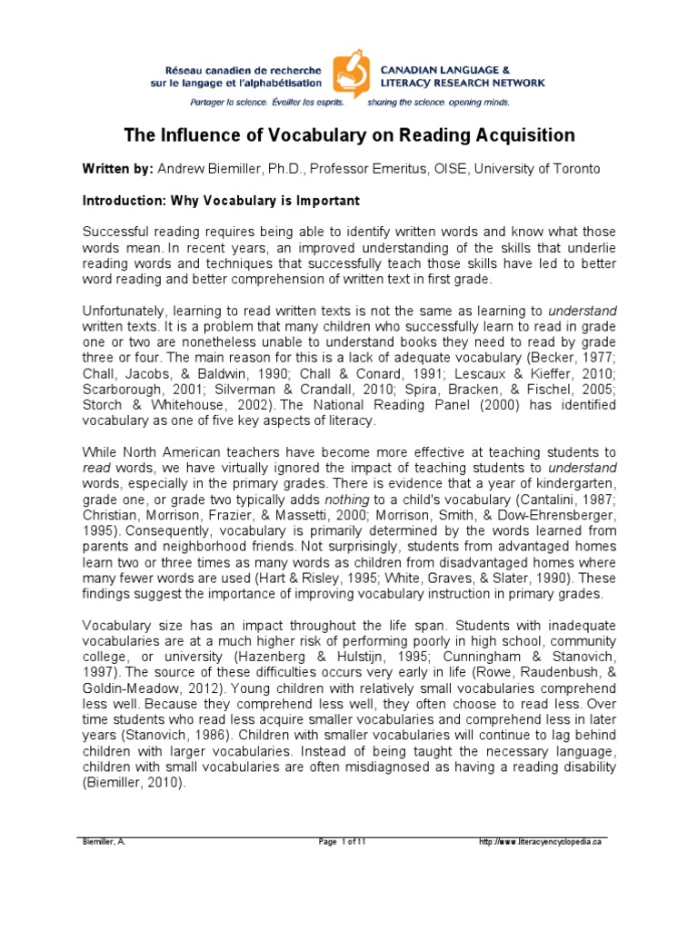 The Influence of Vocabulary On Reading Acquisition | PDF | Vocabulary ...